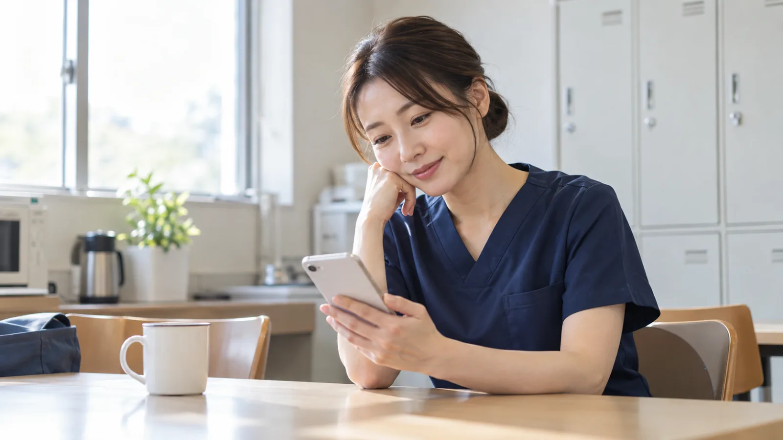 勤務後の休憩室でスマートフォンを見る看護師
